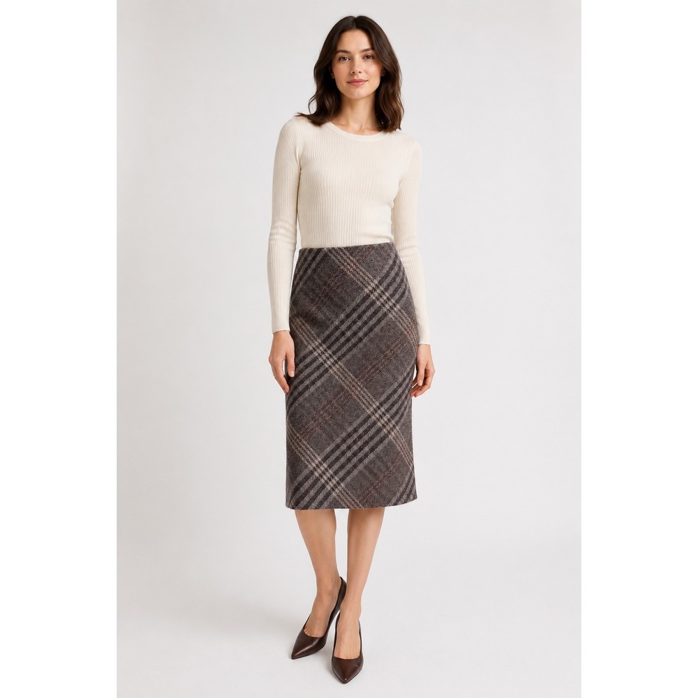 Bottega Veneta Brown Plaid Shetland Wool Midi Pencil Skirt Made in Italy IT 42